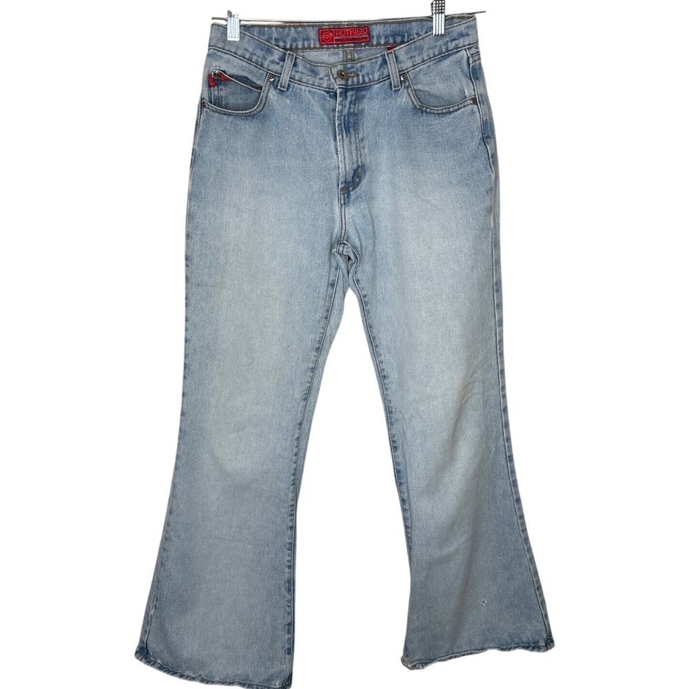Hot Kiss Vintage Y2K Flare Jeans Light Wash Denim Lip Embroidery Western Retro